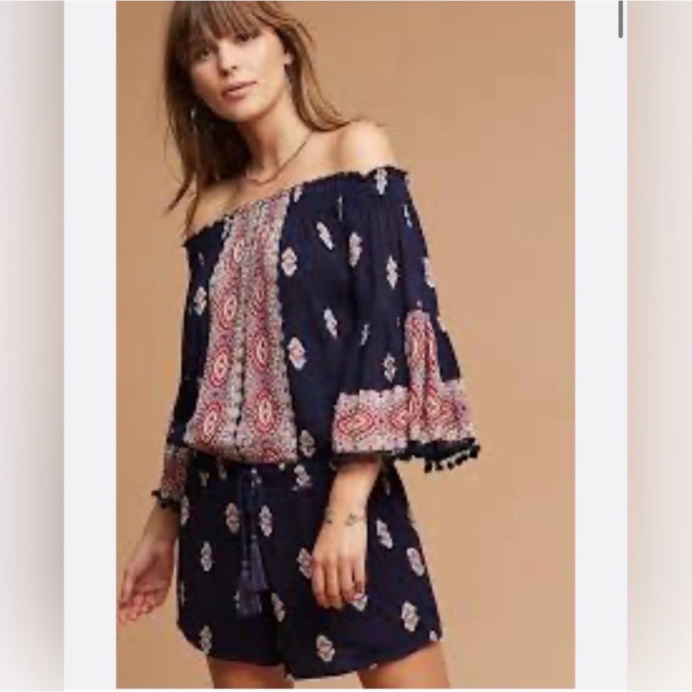 Anthropologie Navy Printed Off-Shoulder Blouse